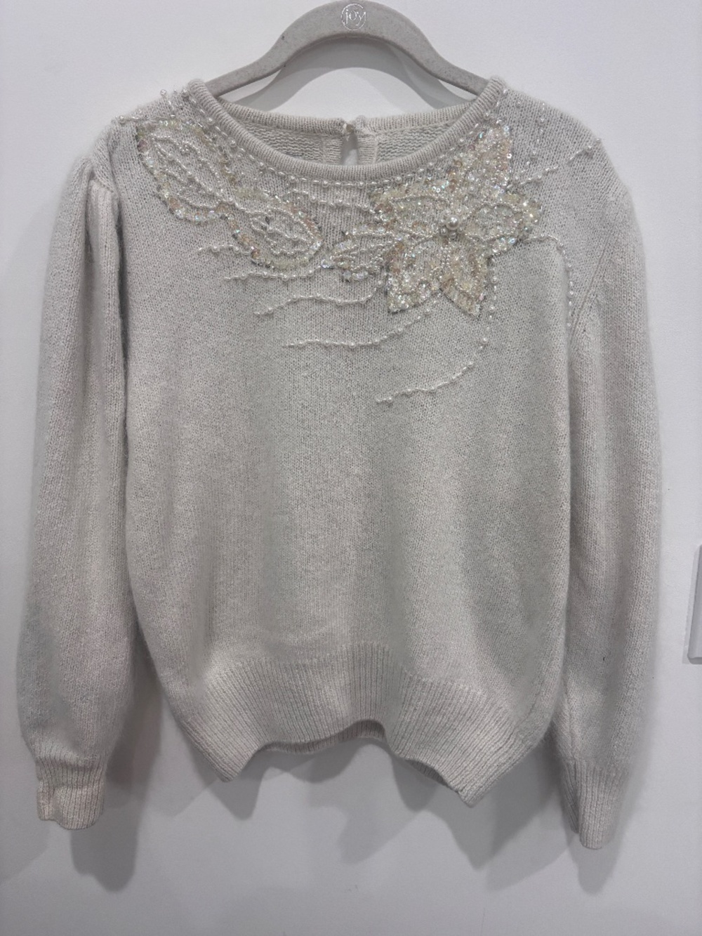 Vintage Ivory Beaded Sweater Large Floral Sequin Embellished Knit Pearlcore